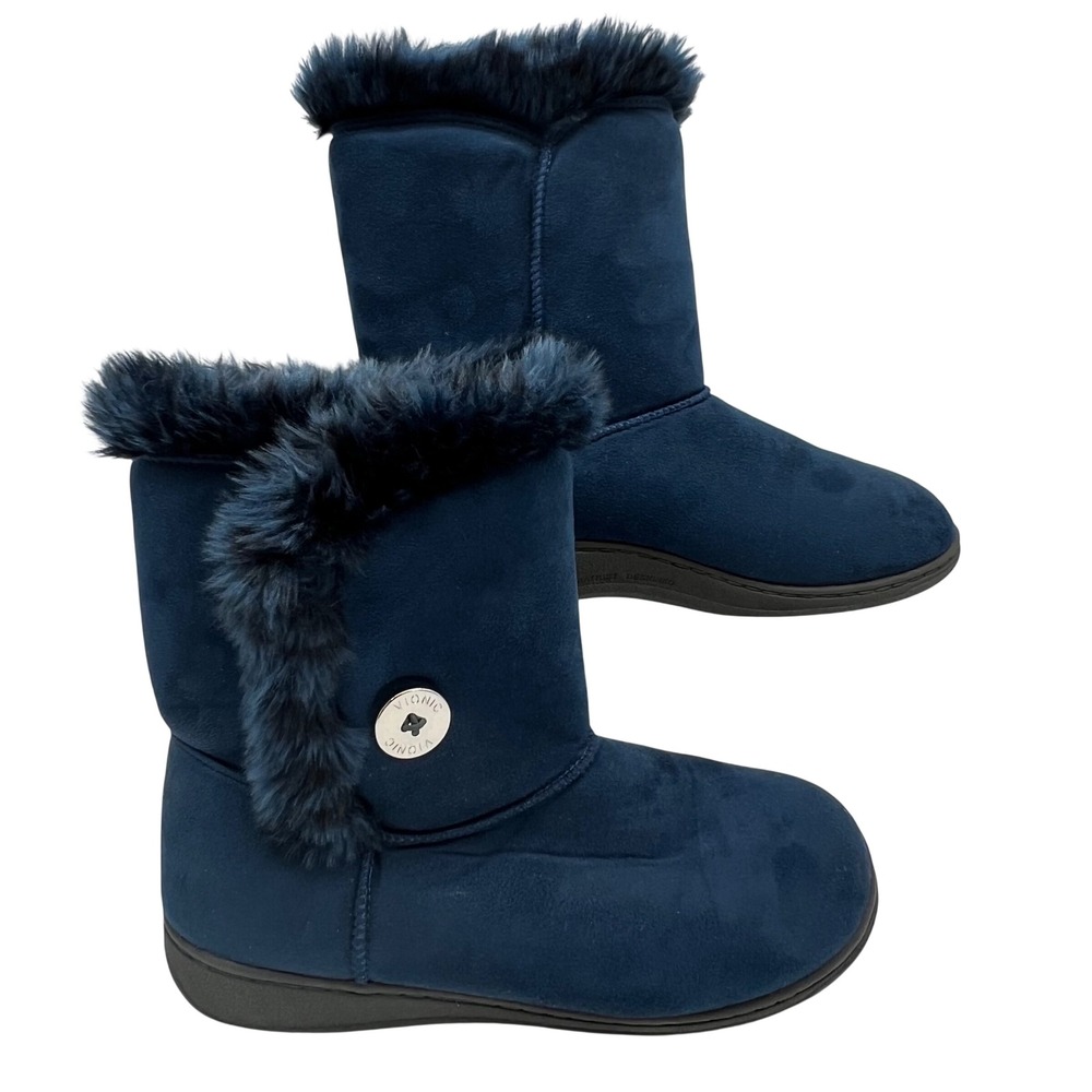 Vionic Fairfax Boots Womens 8 Navy Blue Faux Fur Suede Ankle Orthopedic Pul On